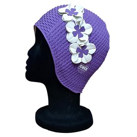 CHEX Lucca Waffle Bubble Single Colour Floral Ladies Classic Retro 3 Flower 2 Colour Row 3D Petal Stylish Vintage Swimming Hat Swim Cap Average One Size Adults (Purple/White)