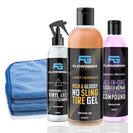 Flowgenix Grand Slam 3-Pack - Includes Tire Shine Gel (8oz), Car Scratch Remover (4oz), Water-Repellent Vinyl and Car Leather Protector (8oz), 2 Microfiber Towels