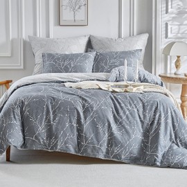Lekesky 200T Cotton Super King Duvet Set Grey Bedding Set, Botanical Branches Printed Superking Bedding Set (1x Duvet Cover, 2x Pillowcases) Cotton Duvet Cover Sets 260x220 cm, Grey