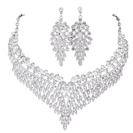 Zthread Wedding Bridal Jewelry Set Silver Crystal Rhinestone Statement Necklace Vintage Collar Necklace Dangle Earrings Set for Women (White)