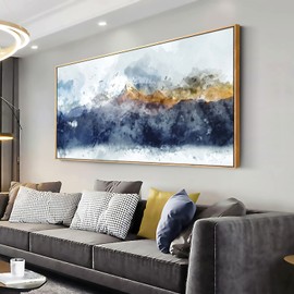 vgrozirh Framed Ready to Hang Wall Art Blue Clouds Yellow Mountain Peaks Indigo Ink Abstract Mountain Landscape Artwork Canvas Painting Prints for Living Room Bedroom Office Large Decor 24"x48"