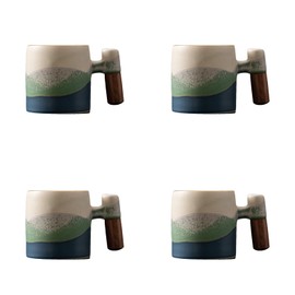 Dicmracy 2-Oz Ceramic Espresso Cups with Wood Handle, 2/4-Piece Set for Coffee, Tea, Latte - Dishwasher Safe, Multi-Color & Wood Styles, Gift & Café Use (Kiln turning blue, Wooden Handle4)