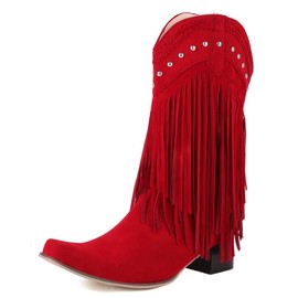 KiutSymo Fringe Boots For Women Cowboy Boots Pointed Toe Chunky Heels Mid Calf Cowgirl Western Tassel Boots Red Size 9