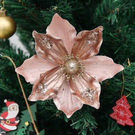 wybcfp 8PCS Christmas Artificial Flower Ornament Glitter Pink Christmas Magnolia Flower Poinsettia Picks Fake Magnolia Stems Vase Filler for Xmas Tree Wreath Garland Holiday Home Decoration
