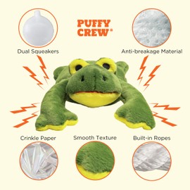 Puffy Crew Squeaky Disk & Built-in Ropes Dog Plush Toy, Bustling Safari Collection, 15", for Dogs of All Breeds (Frog)