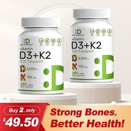 Deal Supplement Vitamin D3K2, 250 Veggie Softgels, 2 in 1 (5000 IU D3+100mcg K2 MK7) | Healthy Bones, Teeth, Heart, Immune System:_Pack of 2