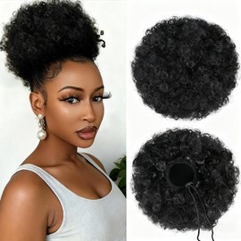 tonebesift Afro Puff Drawstring Ponytail for Black Women，Short Kinky Curly Clip On Synthetic Afro Ponytail Hair Bun Puffs for Girls (#1B Natural Black)