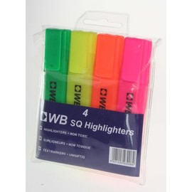 4 Assorted Original WB Square Highlighters Marker Pens Chisel Tip 1-4mm Line Wallet of 4 Green Yellow Orange Pink Non Toxic Ink
