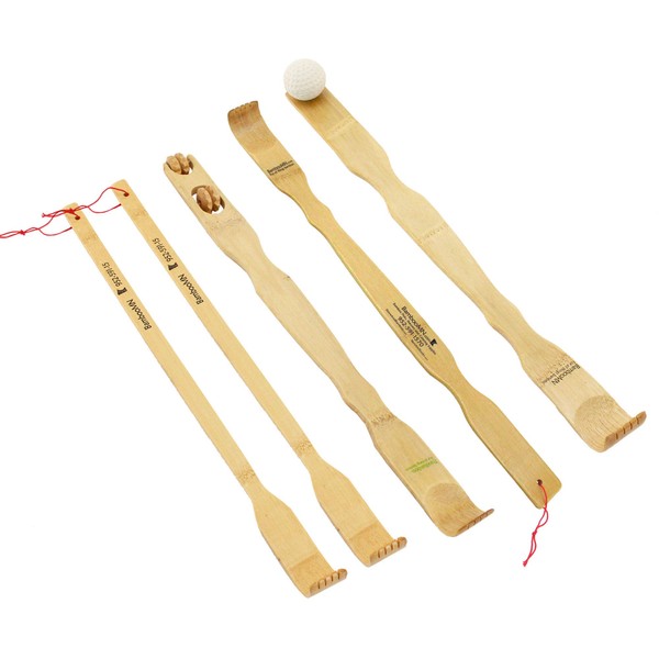 BambooMN 5 Piece Set Traditional Back Scratcher and Body Relaxation Massager Set for Itching Relief, 100% Natural Bamboo