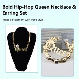 UAIAGM 3 Pcs 90s Jewelry for Women Gold Plated Queen Pendant Necklace and Oversized Bamboo Hoop Earring Set Hip Hop Rapper Style Accessories for Women's Party Plus Size Fashion