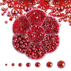 5600PCS Half Round Pearls Flatback Imitation Pearls for Crafts,7 Sizes for DIY Nails Art Crafting,Jewelry Making, Shoes,Cup,Phone Decoration (04 Red AB)