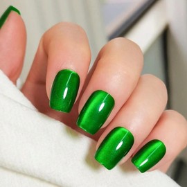 KQueenest Spring Emerald Green Cat Eye Glitter Press on Nails Short Coffin, Sparkle Shiny Fake Nails Press ons, Luxurious Acrylic Glue on Nails Medium Full Cover False Nails for Manicure 30 Pcs