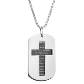 Metro Jewelry Lord's Prayer Carved Cross Tag Pendant Necklace for Men in Stainless Steel with Black Ion Plating on a 24 Inches Long Box Chain with Lobster Claw Clasp