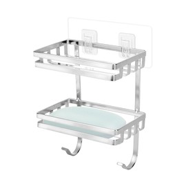 Soap Holder, Soap Dish for Shower with Hooks, Wall Mounted Bar Soap Sponge Razor Holder, Soap Container Rustproof Stainless Steel Soap Tray for Bathroom, Kitchen Sink, Bathtub, Drill-Free (2 Pack)