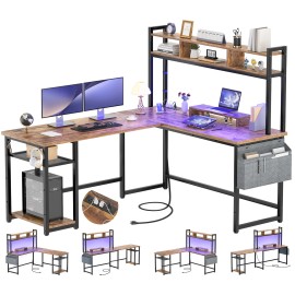 Homieasy L-Shaped Computer Desk with Storage Shelves  Outlets, Gaming Desk, Office Desk - Rustic Brown