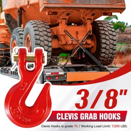 3/8" Clevis Grab Hooks (4 Pack) Heavy Duty Chain Hook for 3/8 Inch Grade 80 Chain Forged Alloy Steel- for Trailer Truck Transport - Yellow Chromate Finish - 7,500 lbs