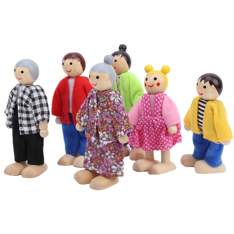 Family Doll Figures Pine Miniature People Toy Set Ornament Educational