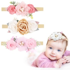 3 Pieces Baby Girl Headbands, Baby Girl Headbands with Grosgrain Ribbon Nylon Floral Baby Headbands for Baby, Toddlers, and Newborn Hair Accessories (Pink)