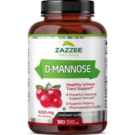 Zazzee D-Mannose, 1000 mg per Serving, 180 Vegan Capsules, 3 Month Supply, Potent & Fast-Acting, Certified Kosher, 100% Pure, All-Natural Urinary Tract Health UTI Support, 100% Vegetarian, Non-GMO