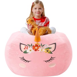 Aubliss Stuffed Animal Storage Bean Bag Chair Cover for Kids,X-Large Velvet Extra Soft Zipper Beanbag for Organizing Toddler and Kids' Rooms Plush Toys,Bean Bag Chair Cover Only,Unicorn Pink Floral