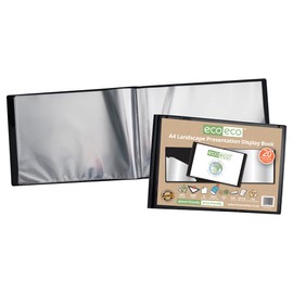 eco-eco A4 50% Recycled 20 Pocket Black Landscape Presentation Display Book, Storage Case Portfolio Art Folder with Plastic Sleeves, eco095