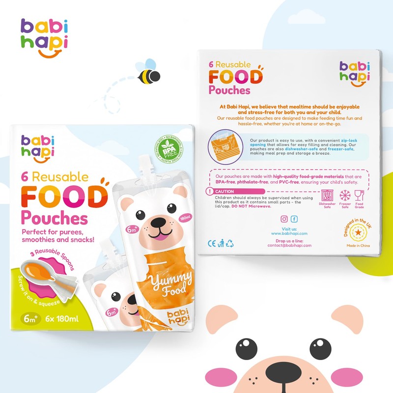 Babi Hapi Reusable Baby Food Pouches - 6 Pack Premium