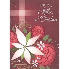 Designer Greetings Large White Flower and 3 Pink Flowers on Dark Red Grid Background Inspirational Christmas Card for Mother