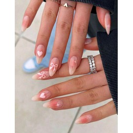 Pink Almond Press On Nails, 24 Pieces, Kawaii Bows Stars and Hearts Design, Stick On Fake Nails Kit