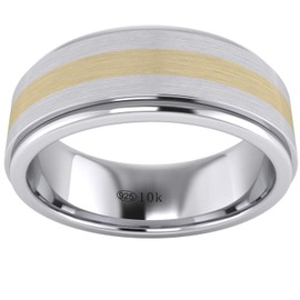 LANDA JEWEL Solid 10K Yellow Gold Inlaid Heavy 8mm Sterling Silver Mens Wedding Band Comfort Fit Two Tone (8)