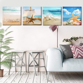 Yatehui – Coastal Wall Art 4 Panel Seascape Giclee Canvas Prints Seashell Starfish on Beach Landscape Pictures Paintings for Bathroom Kitchen Decoration - Ready to Hang 12x12 inches
