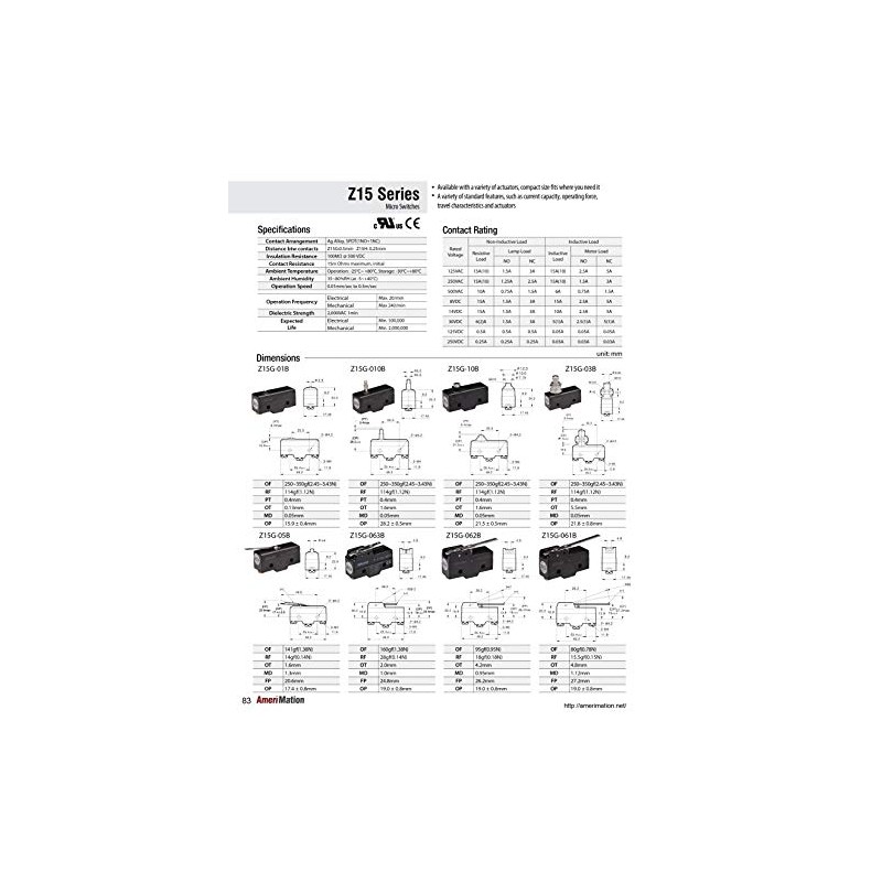 Z15G-03B, Limit Switch, 49.2x24.2x17.45mm Plastic (Phenol) Body, 1 NO &