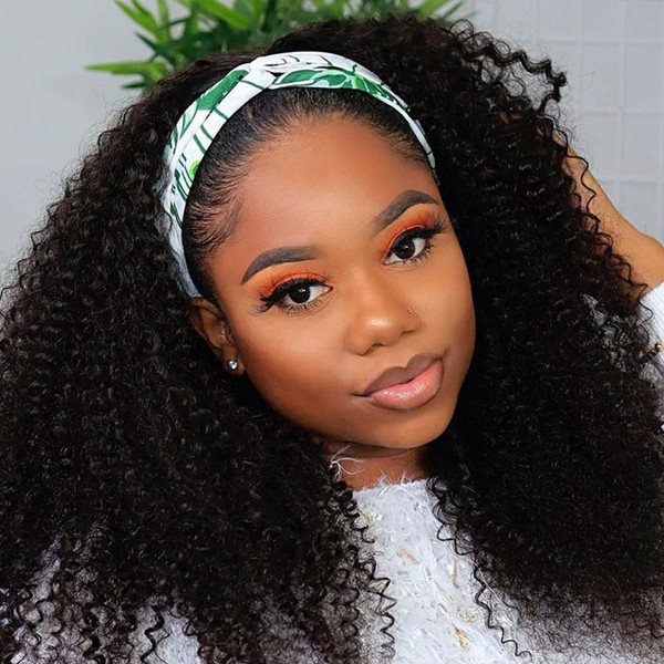 Eooma Glueless Wigs Human Hair Curly Headband Wig for Black Women (20 inch) Brazilian Remy Hair Curly None Lace Front Wigs Human Hair Scarf No Gel Wigs