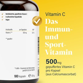 [Without Additives] Vitamin C High Dose, Buffered & Gentle on the Stomach, 500 mg per Capsule - No Zinc - Vegan, from Vegetable Fermentation - by NovaNature®