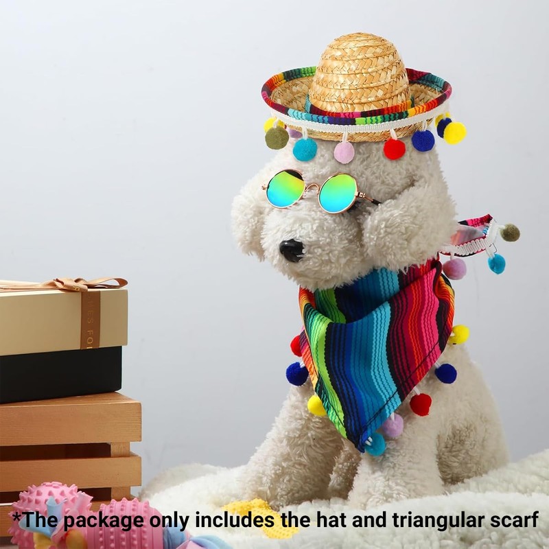AIMALL Mexican Style Pet Bandana and Straw Hat Set, Colourful