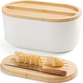 HouseJoy Bread Box for Kitchen Countertop-14.7×9.3×6.3In,Bamboo Fiber White Homemade Bread Storage Container Holder with Thick Cutting Board Lid-Includes Handle,Large Breadbox for Toast Bagel Donut