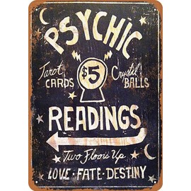 Metal Tin Sign For Psychic Readings $5 Tarot Cards Crystal Balls - Vintage Wall Decor Art 12 x 8 Inches