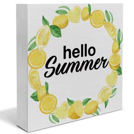 Summer Decor, Hello Summer Decorations Lemon Wooden Sign Summer Kitchen Home Decor Indoor for Desk Table Shelf 5 X 5 Inches