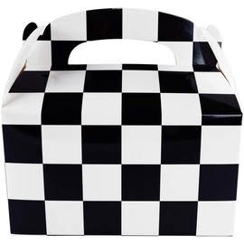 12 Pack Black and White Checker Racing Flag Pennant Treat Gift Paper Cardboard Boxes with Handles for Crafts Candy Goodie Bags, Picnic Snacks, Birthday Party Favors (6.25" x 3 1/2" x 3.25")