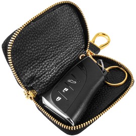 MAILADA Genuine Leather Car Key fob case, Car Keychain Holder Metal Hook and Keyring Zipper Bag for Remote Key Fob holder(Black)
