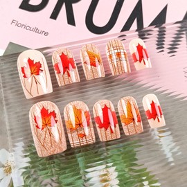Maple Leaf Gel Glue on Acrylic Fake Nails 24Pcs Fall Leaves Press on Nails Thanksgiving Press ons Fingernails Autumn Stick on Nail Glossy Brown Grid Medium Square False Nail for Holiday Gift