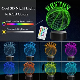 POSSHE Basketball Night Light, Boston Gifts for Boy, 3D Illusion Lamp with Remote Control, 16 Colors Changing, RGB Flashing Mode and Dimmable, Gifts for Boys Christmas Decor (Boston)