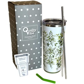 QualityVibe 22oz Stainless Steel Insulated Coffee Tumbler with Straw & Lid. Tra