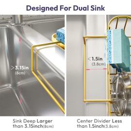 SWTYMIKI Sponge Holder for Kitchen Sink, Kitchen Sink Caddy Rustproof Sponge Caddy for Hanging 1.5” Middle Divider Double Bowl Sinks, No Suction Cups, Gold