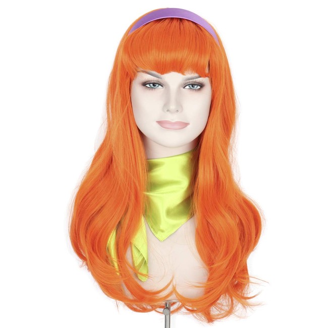 Missuhair Long Orange Wavy Wig - Women Costume Party Wigs with Headband and Scarf
