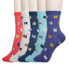KONY Women's Girls Casual Funny Novelty Crew Socks, Cute Cats Printed Pattern - Gifts for Cat Lovers (Mini Cats - 5 Pairs)