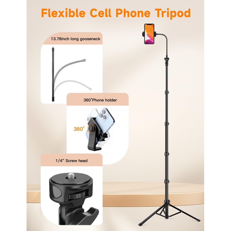 Phone Tripod, 86" Tall Tripod for iPhone with Flexible Gooseneck