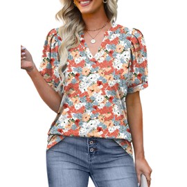 Women Loose Tshirt Summer Short Sleeve Puff V Neck Colorful Floral Tops Casual Outfits L