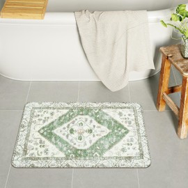 Uphome Green Bathroom Rug Boho Tribal Bathroom Mats Oriental Luxury Soft Machine Washable Bath Mat Non-Slip Traditional Distressed Toilet Rug for Shower Sink Vanity, 18x26 inch