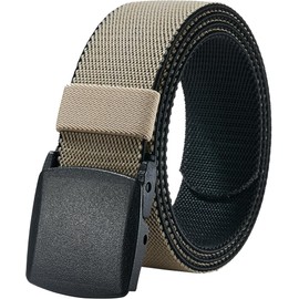 Men's Elastic Stretch Belt, 2 Colors in 1 Double-sided Nylon Web Canvas Belt with No-Metal Plastic Buckle for Work and Travel, Trim to Fit 27-46" Waist (Black & Beige)