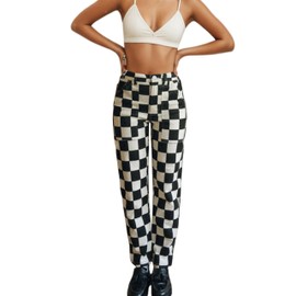 HOCANDY Womens Checkered Pants Zip Off Plaid Gingham Pants Casual Elastic High Waist Straight Leg Jeans with Pockets Black White